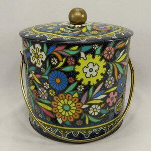 Vintage Embossed Floral Tin Canister Bucket Handle 70s Mod Boho Flower England